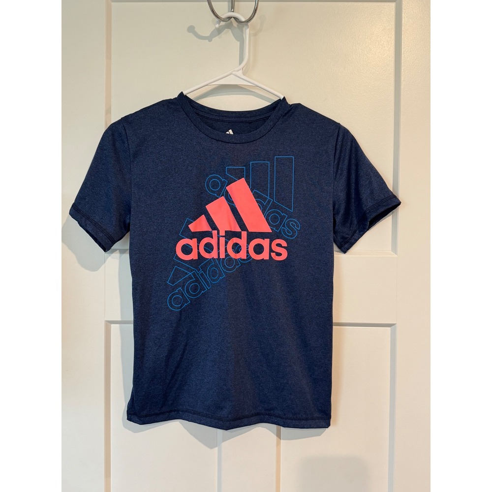 Adidas Boys Small 8 Navy Blue Heathered Graphic Logo Performance T-Shirt S8